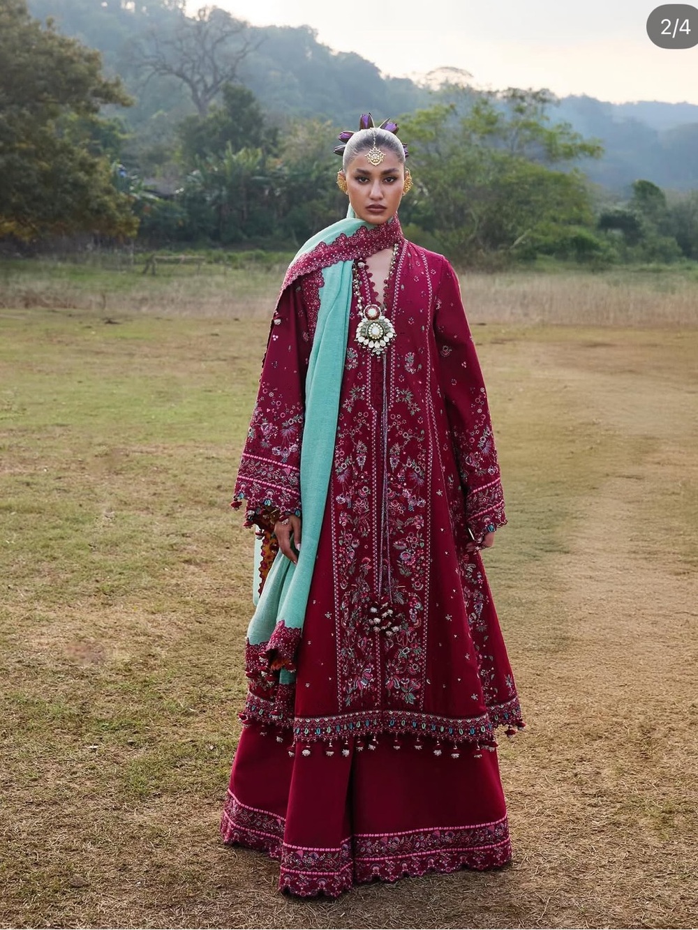 Hussain Rehar Long Sleeve Maxi Dress in Deep Burgundy with Teal Scarf